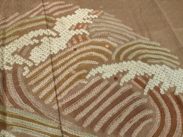 平和屋着物●訪問着 刺繍 絞り 立波文 金彩 ロング丈 正絹 逸品 DABE5661ps