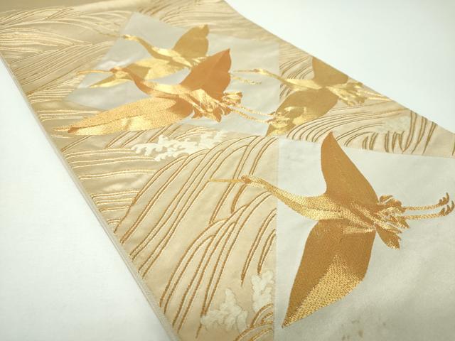 平和屋着物▼太鼓柄袋帯 駒刺繍 総刺繍 飛鶴文 金銀糸 正絹 逸品 DABE5817ps