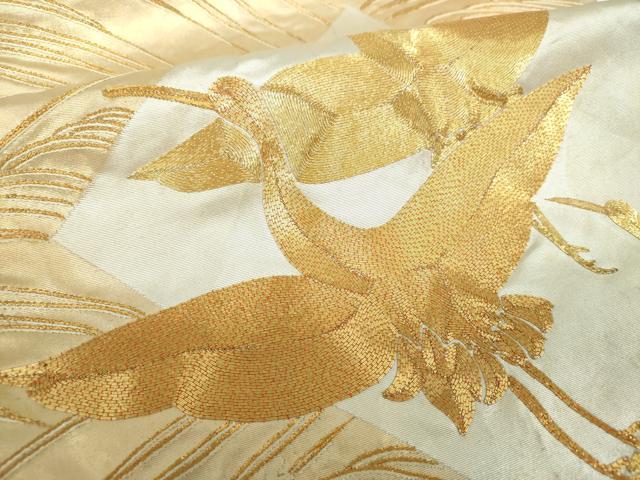 平和屋着物▼太鼓柄袋帯 駒刺繍 総刺繍 飛鶴文 金銀糸 正絹 逸品 DABE5817ps