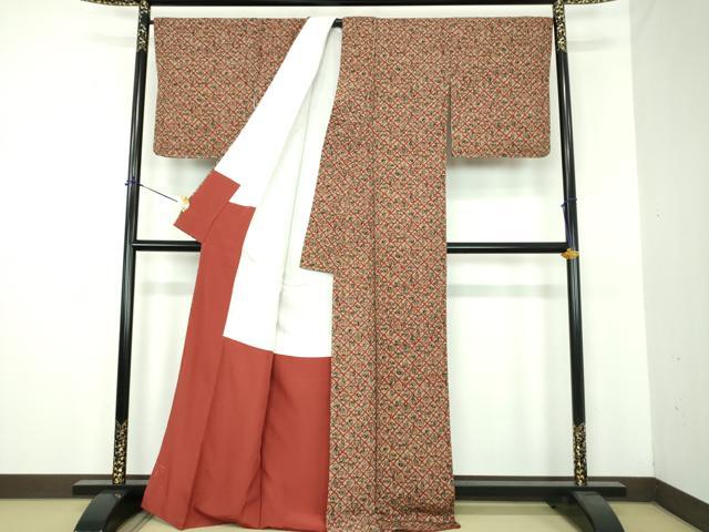 平和屋着物●上質な小紋 型染 格子花文 茶器 鬼しぼ縮緬 正絹 逸品 DABE5840ps