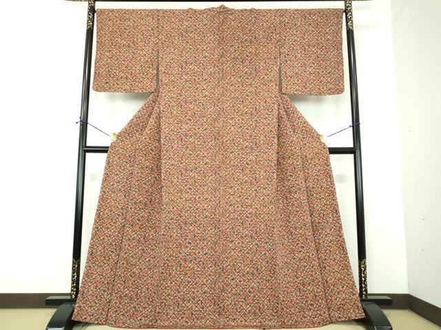 平和屋着物●上質な小紋 型染 格子花文 茶器 鬼しぼ縮緬 正絹 逸品 DABE5840ps