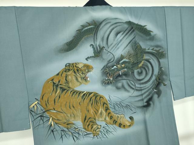 平和屋着物●男性 長襦袢 無双仕立て 手描き 龍虎 笹竹文 金彩 鬼しぼ縮緬 正絹 逸品 未使用 DABE5864ps