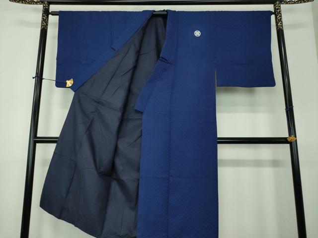 平和屋着物●男性 色紋付 羽織セット 菱地紋 紺地 正絹 逸品 DABE5876ps