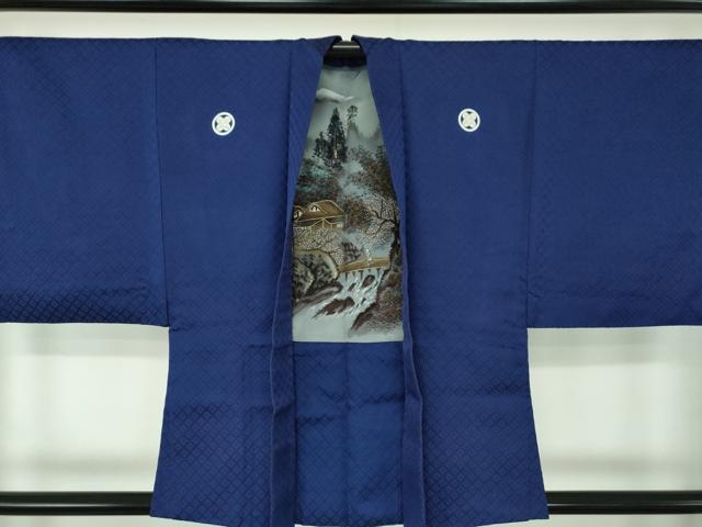 平和屋着物●男性 色紋付 羽織セット 菱地紋 紺地 正絹 逸品 DABE5876ps