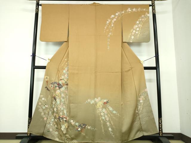 平和屋着物●訪問着 枝垂れ桜 扇面花文 暈し染め 金彩 正絹 逸品 DABE5887ps