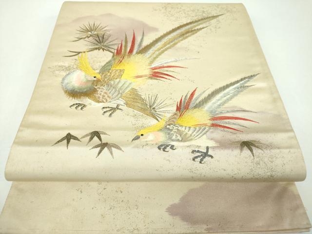 平和屋着物▼太鼓柄袋帯 総手刺繍 尾長鳥 金銀糸 正絹 逸品 DABE5958ps