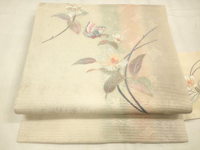 平和屋着物＊夏物　九寸名古屋帯　駒刺繍　総刺繍　草花文　銀糸　正絹　逸品　DABC8669cm 平和屋着物＊夏物 九寸名古屋帯 駒刺繍 総刺繍 草花文 正絹 逸品