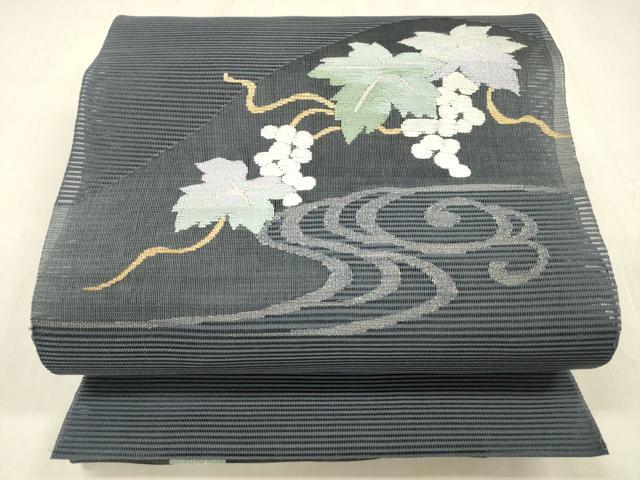 平和屋着物*夏物 絽綴れ 八寸名古屋帯 流水葡萄蔦の葉文 金銀糸 正絹 逸品 DABE6011cm