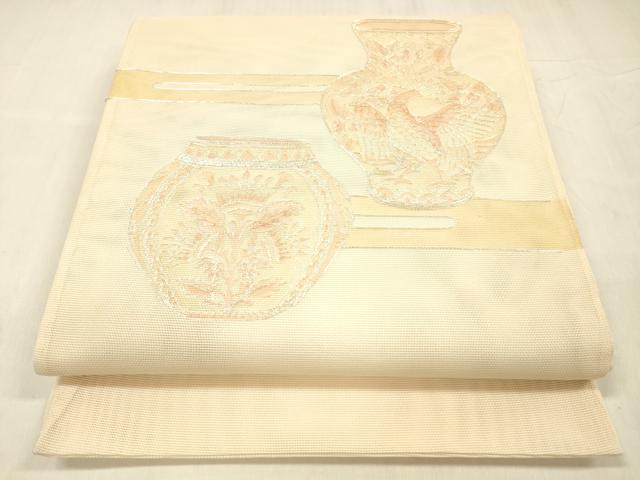 平和屋着物*夏物 太鼓柄袋帯 駒刺繍 器物花鳥文 正絹 逸品 DABE6049cm