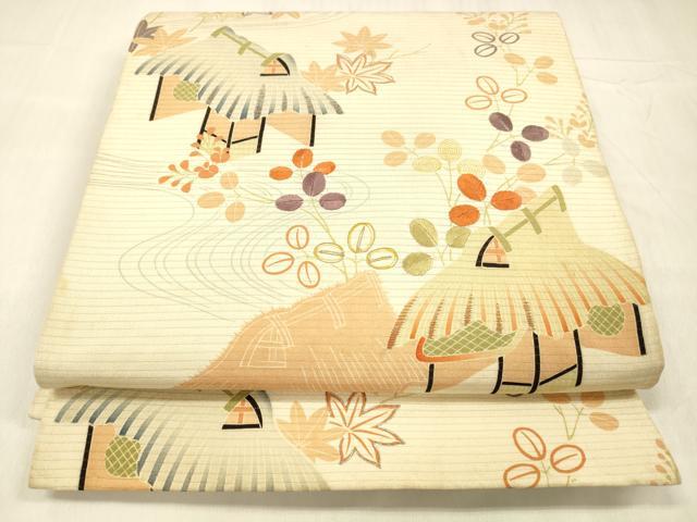平和屋着物＊夏物　アンティーク　大正ロマン　両面　全通柄　京袋帯　駒刺繍　風景文　蜻蛉草葉文　正絹　逸品　DABE6052cm 平和屋着物＊夏物 アンティーク 大正ロマン 両面 全通柄 京袋帯 駒刺繍