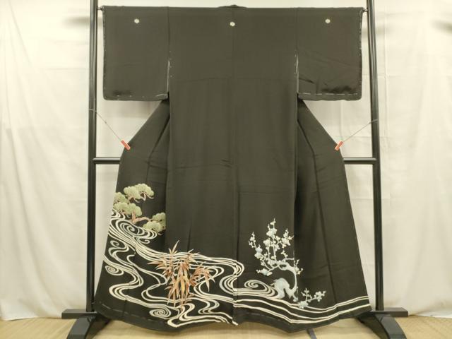 平和屋着物■中国三大刺繍 相良刺繍 黒留袖 松竹梅 金糸 正絹 逸品 DABE6068cm