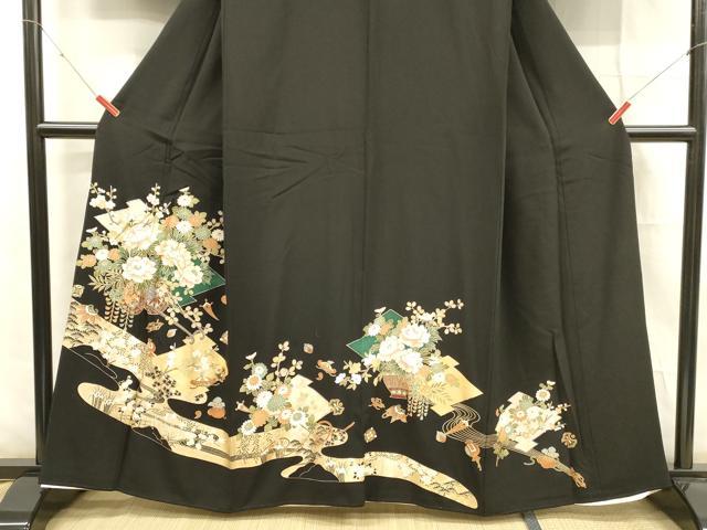 平和屋着物■豪華黒留袖 駒刺繍 宝尽くし花車文 藤花房 金彩 正絹 逸品 DABE6090cm
