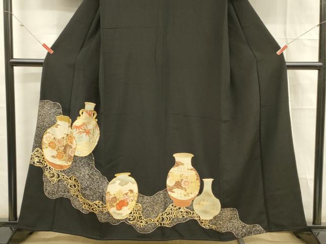 平和屋着物■豪華黒留袖 駒刺繍 器物笹竹花文 金彩 正絹 逸品 DABE6104cm