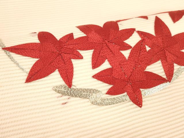 平和屋着物*夏物 九寸開き名古屋帯 駒刺繍 総刺繍 草葉文 正絹 逸品 DABE6120cm