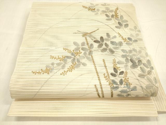 平和屋着物*夏物 絽綴れ 八寸名古屋帯 作家物 蜻蛉草葉文 金彩 正絹 逸品 DABE6130cm