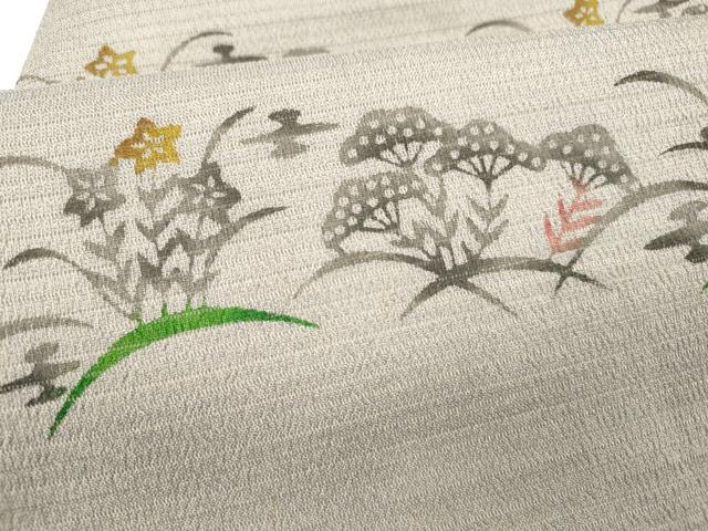 平和屋着物*夏物 九寸名古屋帯 絽縮緬 型染 横段草花文 正絹 逸品 DABE6161cm