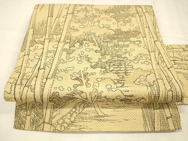 平和屋着物●本場筑前博多織 八寸名古屋帯 風景文 金糸 正絹 逸品 DABE6174cm