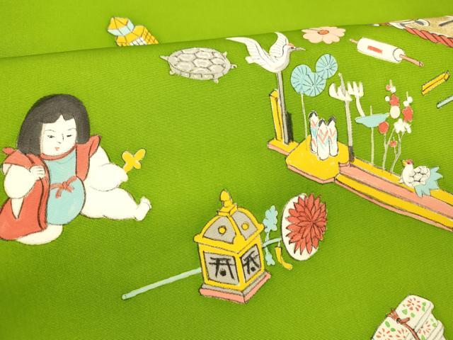 平和屋着物●塩瀬 九寸名古屋帯 手描き 童子遊び 玩具文 亀 鶴 金彩 正絹 逸品 DABE6222cm