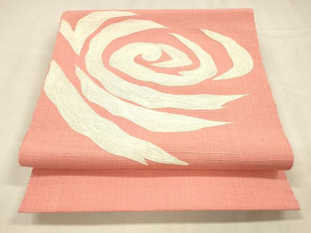 平和屋着物●本場結城紬 重要無形文化財 八寸名古屋帯 総刺繍 抽象文様 真朱色 正絹 逸品 DABE6225cm