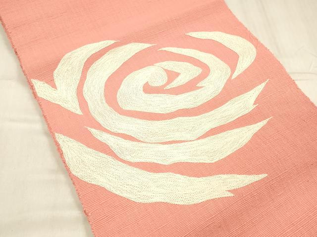 平和屋着物●本場結城紬 重要無形文化財 八寸名古屋帯 総刺繍 抽象文様 真朱色 正絹 逸品 DABE6225cm