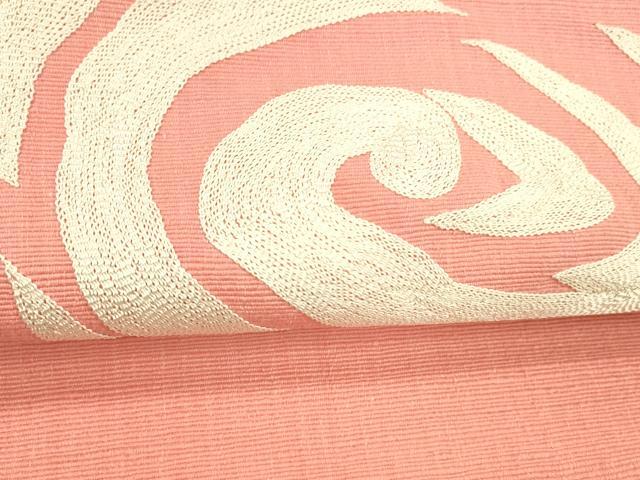 平和屋着物●本場結城紬 重要無形文化財 八寸名古屋帯 総刺繍 抽象文様 真朱色 正絹 逸品 DABE6225cm