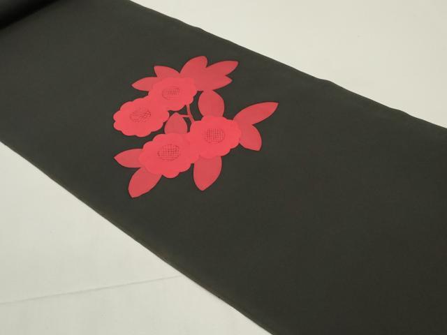 平和屋着物▼塩瀬 名古屋帯 帯反物 枝花文 黒地 逸品 未使用 DABE6667zy
