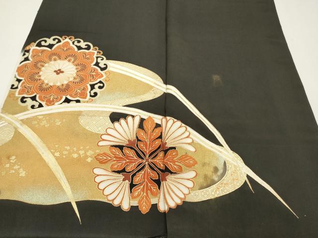 平和屋着物▼黒留袖 解き反物 着尺 駒刺繍 草花文 金彩 逸品 DABE6851zy