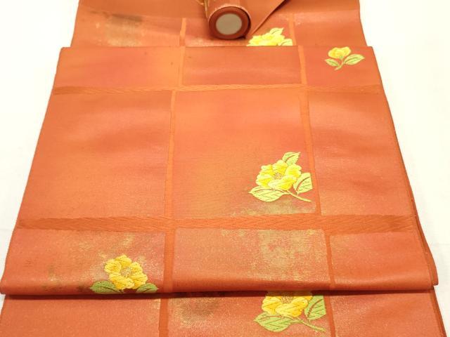 平和屋着物▼西陣 名古屋帯 帯反物 唐織 格子花文 金糸 証紙付き 逸品 未使用 DABE6910zy
