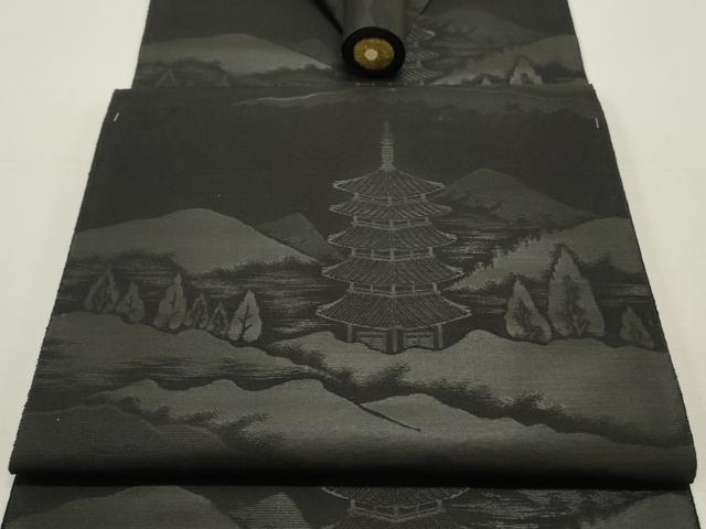 平和屋着物▼西陣 名古屋帯 黒反物 帯反物 風景地紋 証紙付き 逸品 未使用 DABE6944zy