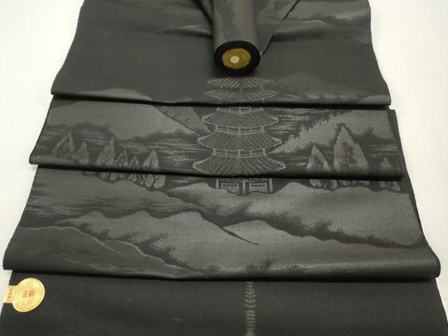 平和屋着物▼西陣 名古屋帯 黒反物 帯反物 風景地紋 証紙付き 逸品 未使用 DABE6944zy