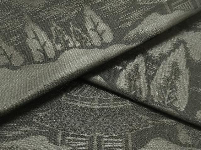 平和屋着物▼西陣 名古屋帯 黒反物 帯反物 風景地紋 証紙付き 逸品 未使用 DABE6944zy