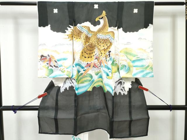 平和屋着物*夏物 お宮参り 男の子 祝着 産着 初着 のしめ 絽 駒刺繍 鷹 鷲 立波笹文 暈し染め 銀彩 逸品 DABE7386ma