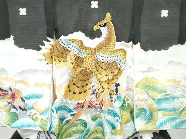 平和屋着物*夏物 お宮参り 男の子 祝着 産着 初着 のしめ 絽 駒刺繍 鷹 鷲 立波笹文 暈し染め 銀彩 逸品 DABE7386ma