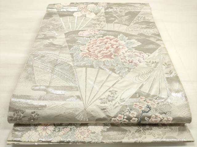 平和屋着物◎六通柄袋帯 唐織 扇面花鳥文 銀糸 正絹 逸品 DABE8002xg