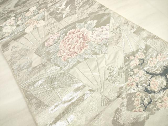 平和屋着物◎六通柄袋帯 唐織 扇面花鳥文 銀糸 正絹 逸品 DABE8002xg