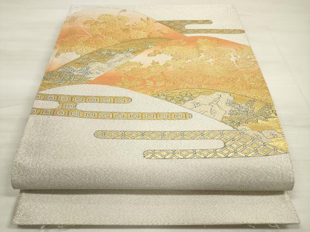 平和屋着物◎太鼓柄袋帯 明つづれ エ霞遠山草花文 金銀糸 正絹 逸品 DABE8008xg