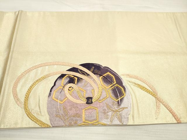 平和屋着物◎太鼓柄袋帯 総刺繍 鏡裏花文 金糸 正絹 逸品 DABE8130xg