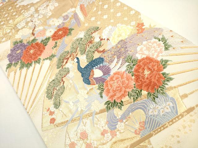 平和屋着物◎六通柄袋帯 唐織 扇面孔雀草花文 金銀糸 正絹 逸品 DABE8314xg