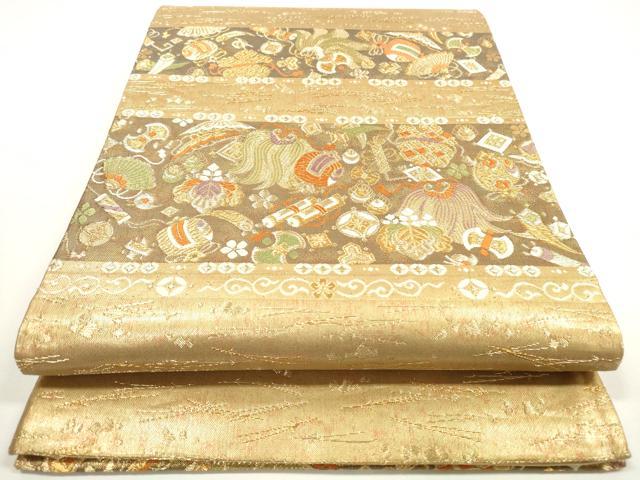 平和屋着物◎六通柄袋帯 横段宝尽くし 金糸 正絹 逸品 DABE8318xg