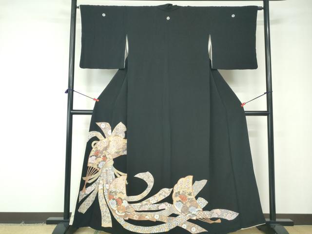 平和屋着物■豪華黒留袖 駒刺繍 扇面花鳥文 金彩 正絹 逸品 DABE8603qa