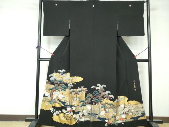 平和屋着物■豪華黒留袖 作家物 御枝松花文 鶴 杉戸絵欄間図 金彩 正絹 逸品 DABE8670qa