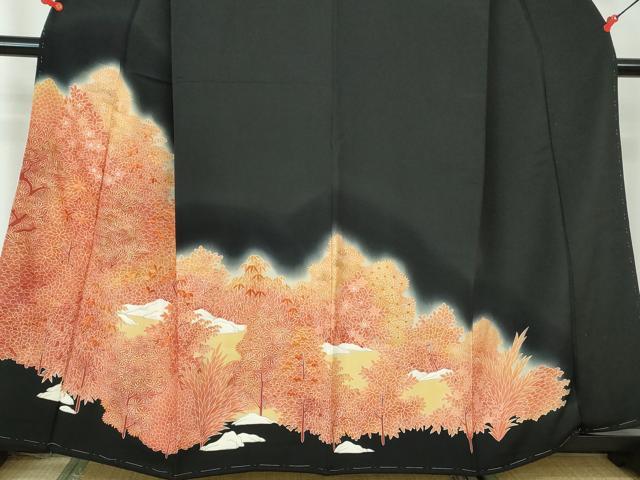 平和屋着物■豪華黒留袖 刺繍 樹林文 暈し染め 金糸 金彩 正絹 逸品 DABE8683qa