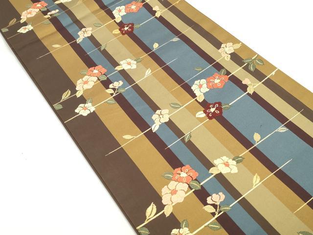 平和屋着物◎六通柄袋帯 唐織 枝椿 間道 金糸 正絹 逸品 DABE8714qa