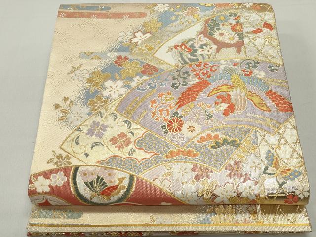 平和屋着物◎佐賀錦 六通柄袋帯 唐織 地紙重ね花鳥文 金糸 正絹 逸品 DABE8737qa