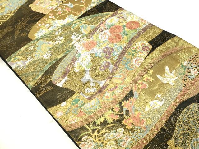 平和屋本店▼六通柄袋帯 唐織 林派瑞祥錦 黒地 本金箔つづれ 正絹 24k 逸品 DABE9087sf