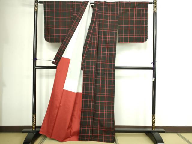 平和屋着物■上質な紬 格子 黒地 正絹 逸品 DABE9258sf