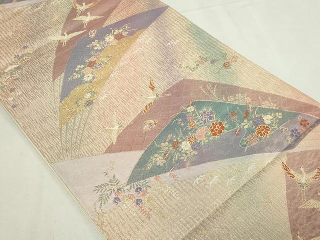 平和屋本店▼六通柄袋帯 飛鶴草花文 慶長錦 純銀金箔 正絹 逸品 DABE9279sf