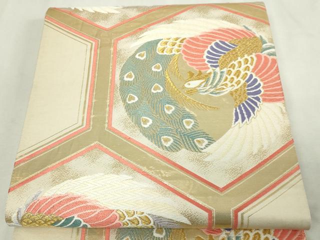 平和屋本店▼六通柄袋帯　唐織　亀甲孔雀文　24金箔　正絹　逸品　DABE9288sf 平和屋本店▽六通柄袋帯 唐織 亀甲孔雀文 24金箔 正絹 逸品