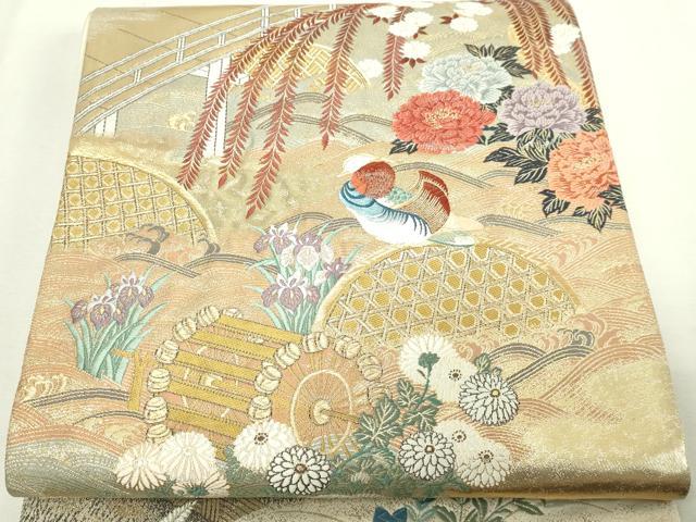 平和屋本店▼六通柄袋帯　唐織　柳橋鴛鴦　本金箔　正絹　逸品　DABE9296sf 平和屋本店▽六通柄袋帯 唐織 柳橋鴛鴦 本金箔 正絹 逸品 DABE9296sf