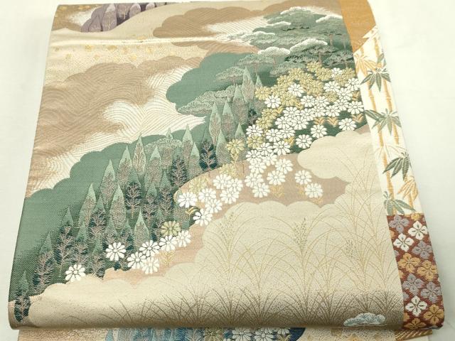 平和屋本店▼六通柄袋帯　唐織　雲取木立小菊　純金箔　正絹　逸品　DABE9315sf 平和屋本店▽六通柄袋帯 唐織 雲取木立小菊 純金箔 正絹